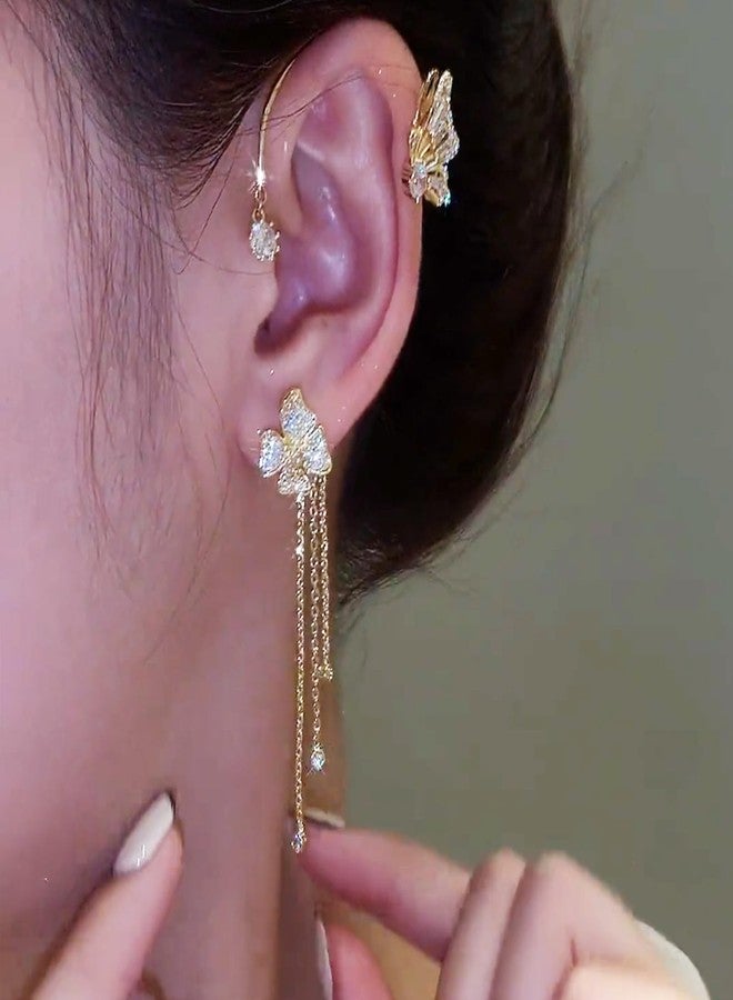 DOLLESS Butterfly Flower Tassel Ear Cuffs Earrings Rhinestone Butterfly Flower Ear Wrap No Piercing Earrings for Women (Gold) - Image 3